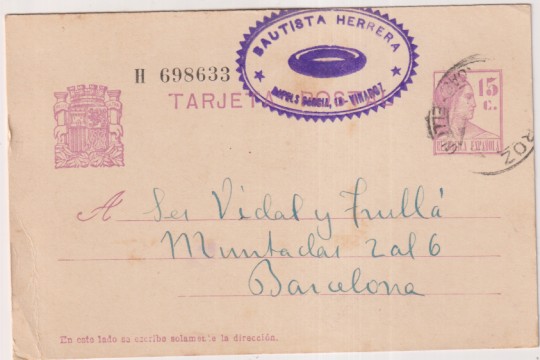 Tarjeta Entero Postal 69. De vinaroz a Barcelona del 25 Ago. 11935