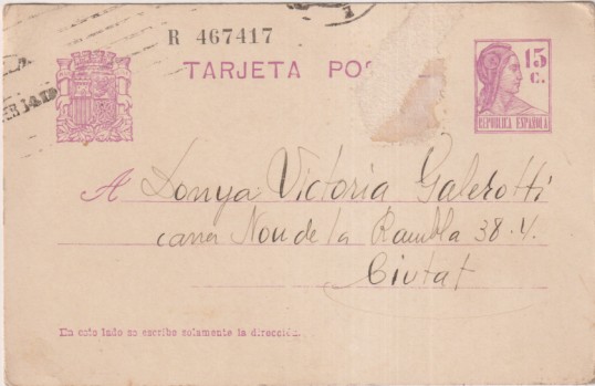 Tarjeta Entero Postal 69. Barcelona Feb. 1934.