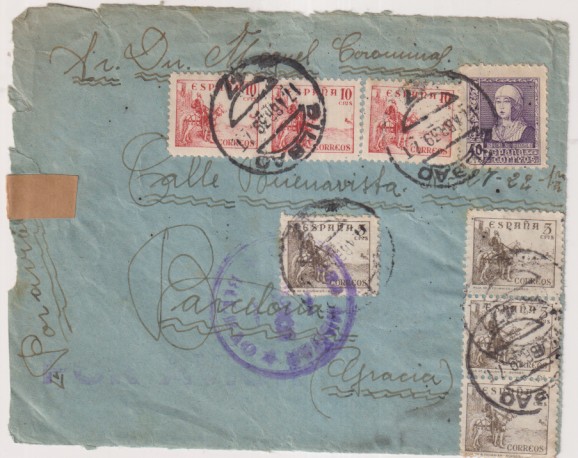 Frontal de Carta de Bilbao a Barcelona del 17 Abr. 1939. Con Censura Militar de Barcelona