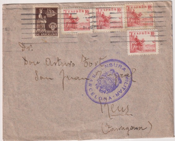 Sobre de Tarragona a Reus del 24 Ago.1938. Franqueado9 con Edifil 118 (4) y ayuntamiento de Barcelona. Con Censura Militar de -_BarcelonA