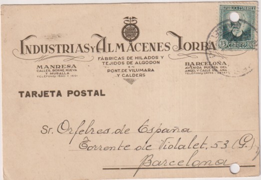 Tarjeta Postal con Membrete. de manresa a Barcelona del 28 Jul 1932