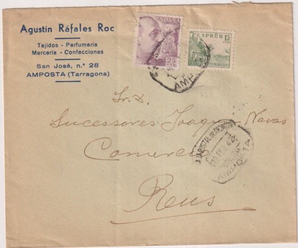 Sobre con Membrete de Amposta (Tarragona) a Reus (Gerona) Franquea el 19 Feb. 1942 con matasellos, Fechador de Caja Pôstal de ahorros de Amposta