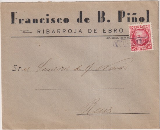 Sobre Con Membrete de Ribarroja de Ebro (Tarragona) a Reus de Jun 193(6 u 8) en Fechador de Reus. Con tampón Barcelona usado como matasellos.