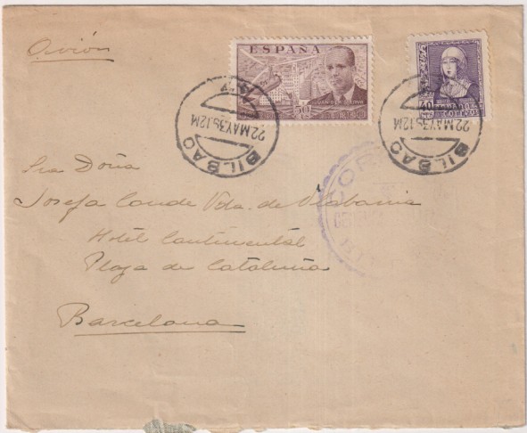 Sobre de Bilbao a Barcelona (Sr. condesa de Olabarría) del 22 May. 1939. con Tapón Censura Militar Correos