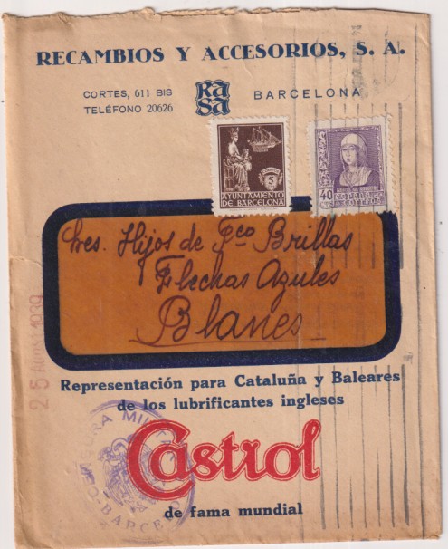 Carta Con Membrete y hoja patriótica de Barcelona a Blanes (Flechas Azules) de Abril de 1939. Censura Militar de Barcelona
