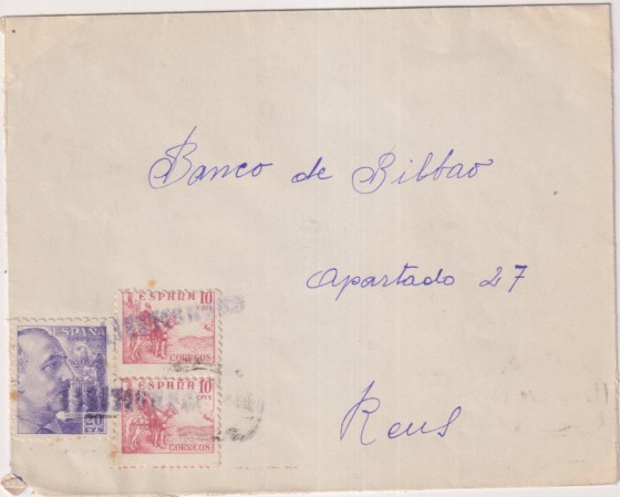 Sobre a REus. (Banco de Bilbao) del 9 Jul 1944. Con CEnsura Militar