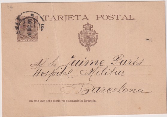 Tarjeta Entero Postal 27 de 1890. a Hospital Militar de Barcelona del 26 Dic. 1893