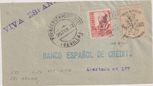 Frontal de Carta Patriótica. de Fuentes de Andalucía (Sevilla) a B. E.  de Crédito. Fechado el 26 Feb. 1937 con Edifil 832a y Benéfico de Fuentes de A