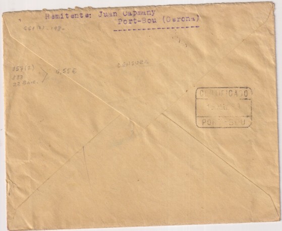 Sobre patriótico de Port-Bou a Barcelona del 27 Abr. 1939. Franqueado con Edifil 858 (2) 883 y Ayunt. Barcelona. Con Censura Mi. de Bar. y Certificado