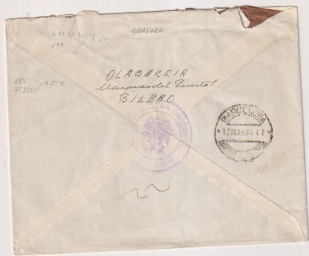 Sobre de Bilbao a Barcelona del 10 May. 1939. Con Censura Militar de Correos de Bilbao en A/ y R/ y Fechador de Llegada 12 May. 1939