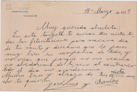 Tarjeta Postal Con Membrete de colegio San Fr. Javier (Tudela) a Condesa de Olabarría (San Sebastián)  Franq/Fecha. 18 Mar. 1937. Cens. Mi. S. Sebasti