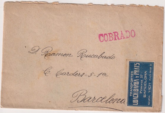 Carta comercial con Membrete (Pegatina) Vich a Barcelona. Tampón: Cobrado