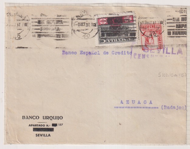 Frontal de Carta con Membrete Banco Urquijo-Sevilla a B. E. de Crédito-Azuaga. Franqueo Edifil 823a y Timbre de Sevilla. Oct. 1937 y Censu. Mi.SevSevi