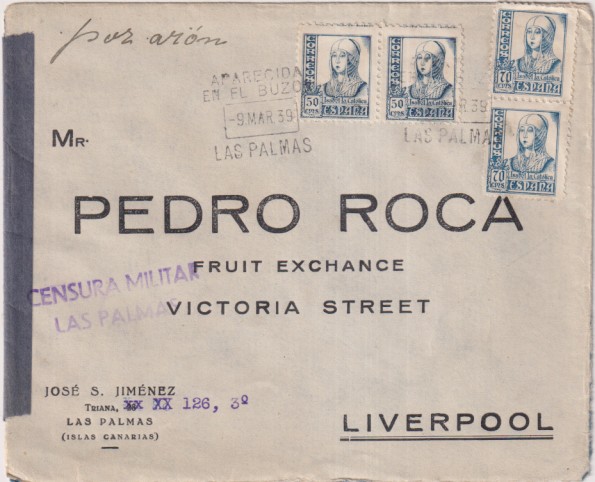 Sobre con Membrete de Las Palmas a Liverpool. Con FEchador aparecida en el Buzón del 9 Mar. 1939. Con pareja de Edifil 825 y 827. Censura las palmas
