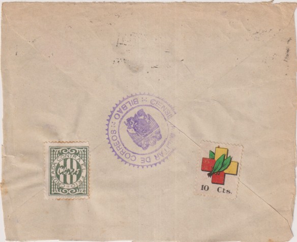 Frontal de Carta S/F  Franqueado con Sellos H. Fournier: 10 C. Verde Cruzada contra el Frio y Cruz con Laurel 10 cts. Con Censura Mi. Correos Bilbao