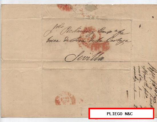 Carta de Madrid a Sevilla. De Febrero de 1849. Con Fechador Baeza (muy borroso) y porteo borroso