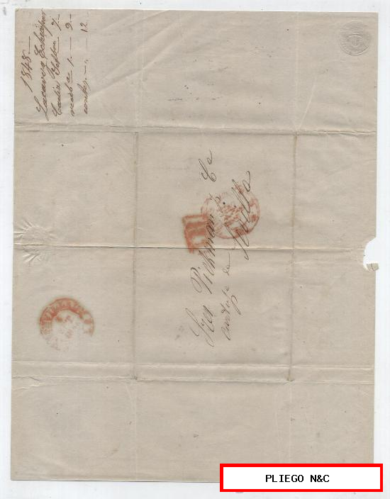 Carta de Cádiz a Sevilla. De Septiembre de 1848. Con Baeza 29 rojo y marca de porteo 1R rojo