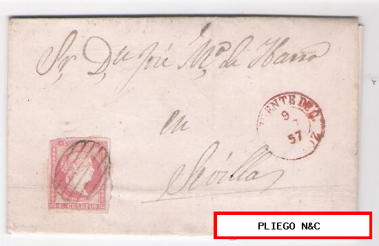 Carta de Monesterio a Sevilla. De Octubre de 1857. Con sello 48, matasello parrilla y Fechador