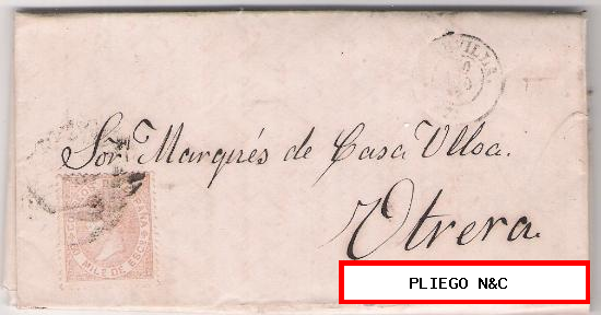 Carta de Sevilla a Utrera, De Agosto de 1867. Franqueado con sello 96, Parrilla y Fechador Negro