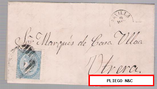 Carta de Sevilla a Utrera. De 19-Marzo-1867. Franqueado con sello 88. Matasello parrilla