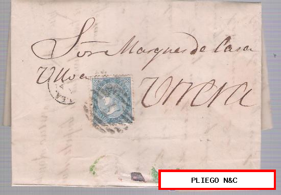 Carta de Sevilla a Utrera, De 4-Marzo de 1867. Franqueado con sello 96, Parrilla y Fechador Negro