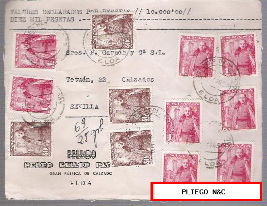 Frontal de Carta con membrete. De Elda a Sevilla. Franqueado con 8 sellos 1032 y 4 del 1027