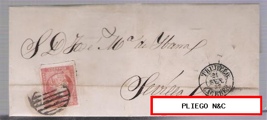 Carta de Trujillo a Sevilla. De 21 Set. 1857. Franqueado con sello 48, matasello parrilla y fechador