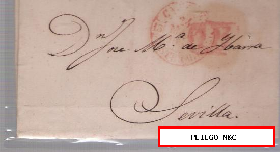 Carta de Cáceres a Sevilla. De 24-Mar-1849. Con fechador Baeza 9 R. y porteo 1R. rojo sobre Baeza