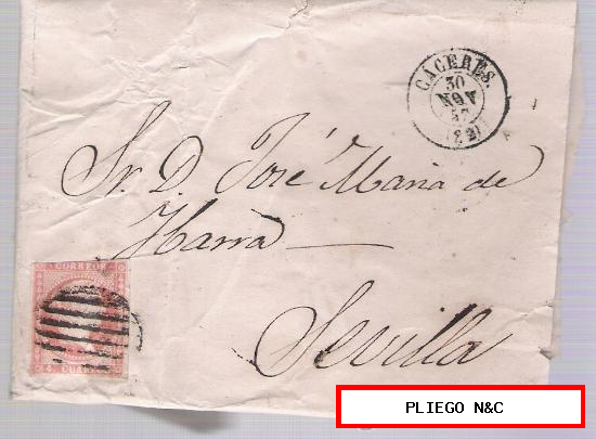 Carta de Cáceres a Sevilla. De 30 Nov. 1857. Franqueado con sello 48, matasello parrilla y fechador