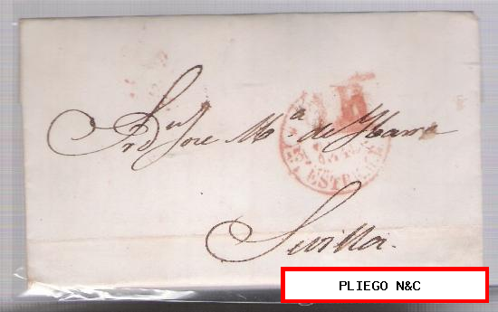 Carta de Cáceres a Sevilla. De 10-Jun-1849. Con fechador Baeza 9 R. y porteo 1R. rojo sobre Baeza