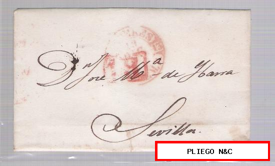 Carta de Cáceres a Sevilla. De 22 Diciem. 1849. Con fechador Baeza 9 R. y marca de porteo 1R rojo