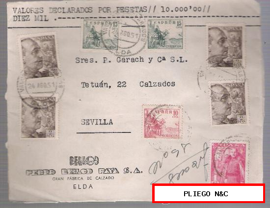 Frontal de carta con membrete de Elda a Sevilla. 24 Agos. 1951. Franqueado con sellos