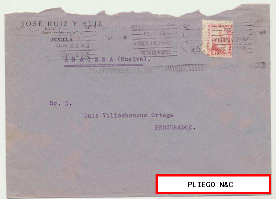 Carta con membrete de Sevilla a Aracena. De 14 Mayo de 1935. Franqueado con sello 687