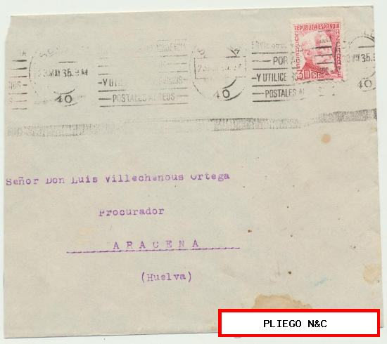 Carta con membrete de Sevilla a Aracena. De 23 Mayo 1935. Franqueado con sello 687