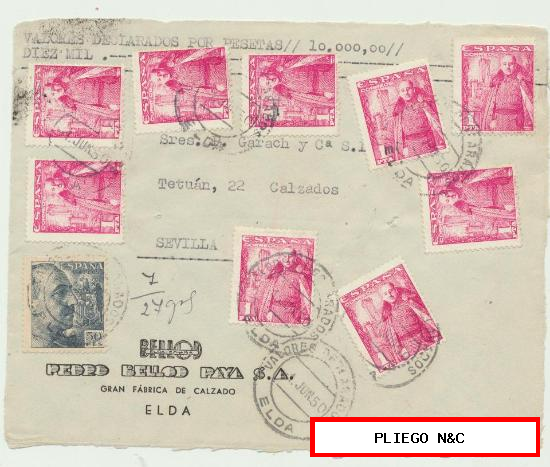 Frontal de Carta con membrete. De Elda a Sevilla. De 1 Junio 1950. Franqueado con nueve sellos 1032 y uno del 872