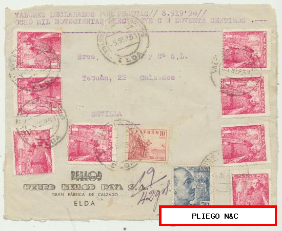 Frontal de Carta con membrete. De 5 Septiembre 1951. Franqueado con sellos 1032 (8), 872 (1) y 10