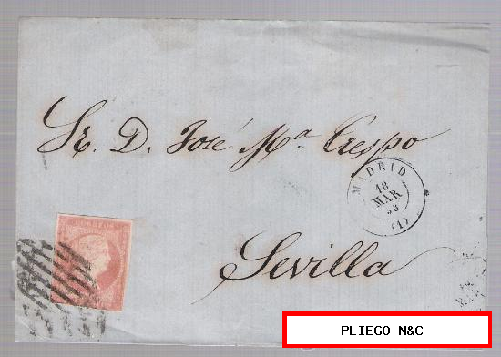 Carta de Madrid a Sevilla. De 18 Marzo 1858. Franqueado con sello 48A, matasello parrilla y fechador negro