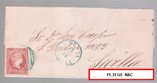 Carta de Utrera a Sevilla. De 19 Junio 1856. Franqueado con sello 48, matasello parrilla verde y fechador verde