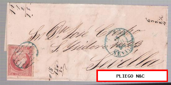 Carta de Utrera a Sevilla. De 13 Junio 1856. Franqueado con sello 48, matasello parrilla verde y fechador verde