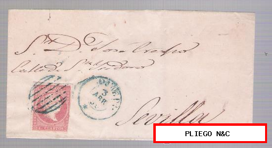 Carta de Utrera a Sevilla. De 3 Abril 1856. Franqueado con sello 48, matasello parrilla verde y fechador verde