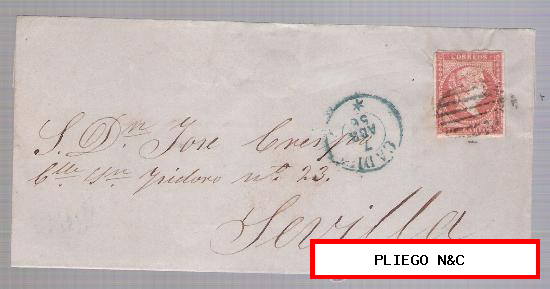 Carta de Cádiz a Sevilla. De 7 Abril 1856. Franqueado con sello 48, matasello parrilla y fechador verde