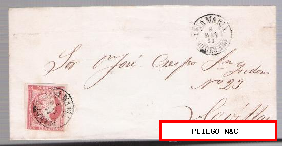 Carta de Puerto de Santa María a Sevilla. De 8 Mayo 1859. Franqueado con sello 48 y doble fechador