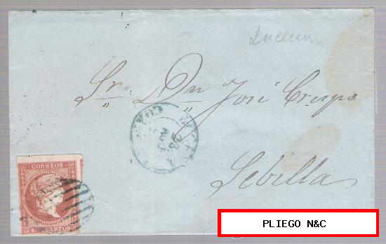 Carta de Lucena a Sevilla. De 28 Agos. 1857. Franqueado con sello 48A, matasello parrilla verde
