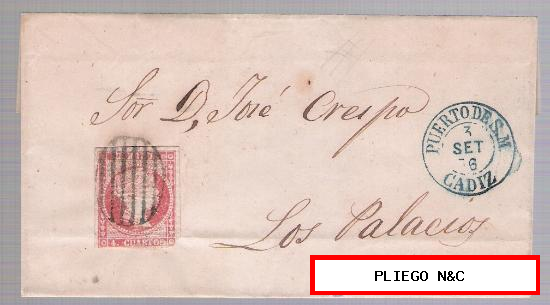 Carta de Puerto de Santa María a Los Palacios. De 3 Set. 1856, matasello parrilla negro y Fechador