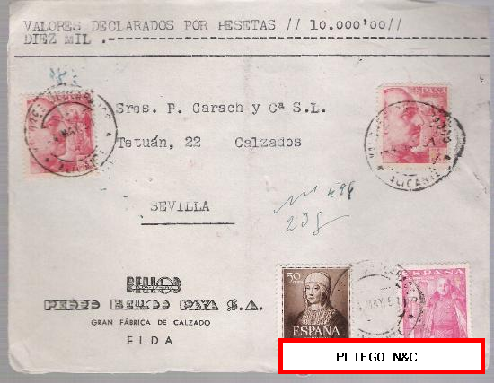 Frontal de Carta con membrete. De Elda a Sevilla. De 4 Mayo 1951. Franqueado con 1 sello 1032