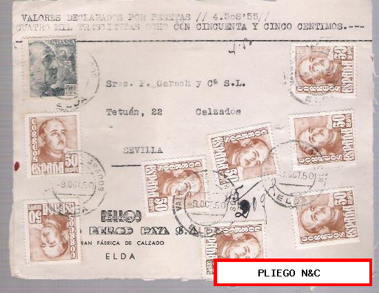 Frontal de Carta con membrete. De Elda a Sevilla. De 9 Dic. 1950. Franqueado con 8 sellos 1021 y un sello 927