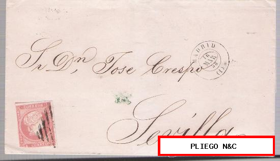 Carta de Madrid a Sevilla. De 16 de Marzo de 1858. Franqueado con sello 48, matasello parrilla y fechador negro