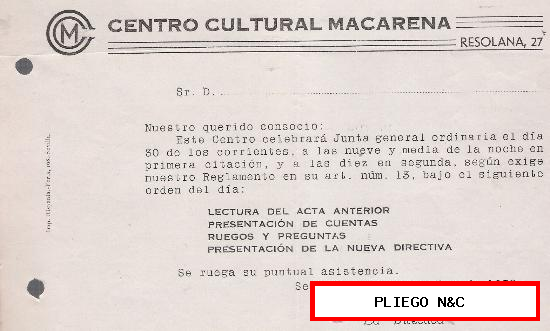 Centro Cultural Macarena. Carta para la Asistencia a la Junta General. Sevilla 26 de Diciembre de 1938, III Año Triunfal