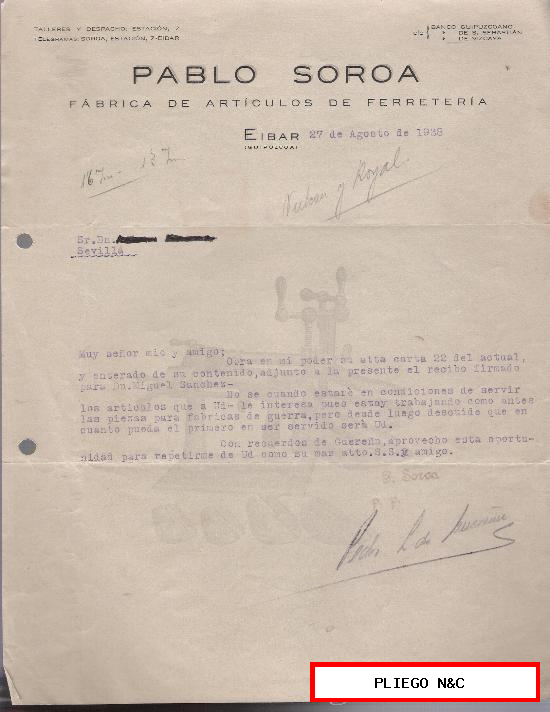 Carta con membrete de Éibar a Sevilla de Agosto de 1938