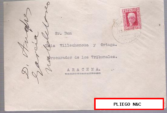 Carta de Galaroza a Aracena. Del 13 de Agosto de 1934. Franqueado con sello 659